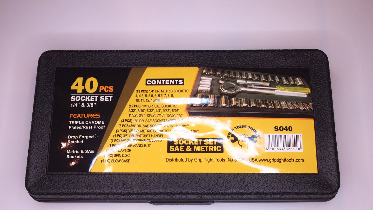 Grip Tight Tools 40-Piece Socket Set - Metric & SAE - 1/4" & 3/8" Ratchet